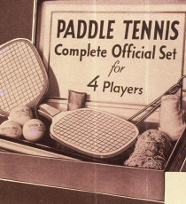 A late-1920s boxed set of paddle tennis equipment, similar to the one James Cogswell brought home