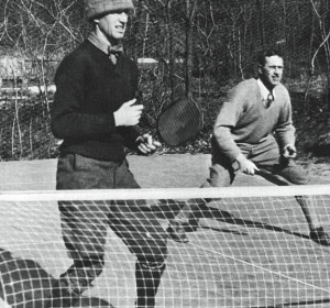 A cold winter day in 1930. Earle Gatchell (left) and Fessenden S. Blanchard on the first platform tennis court.