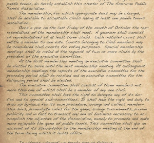 Text from the original charter of the American Paddle Tennis Association. The charter was signed in November 1934.