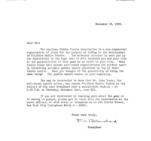 Letter from APTA to Eastern Lawn Tennis Association promoting the game