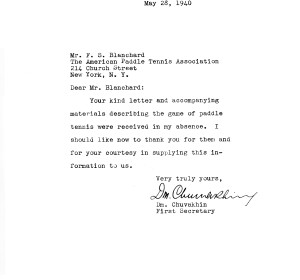 Letter from First Secretary Chuvakhin to Blanchard thanking him for sending details on court construction and playing the game
