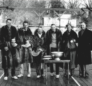 1959 Men’s Nationals: Jim Gordon and Bill Cooper (champions) with Jim Carlisle and Dick Hebard (1959 finalists, but champions in 1955 and 1958). Also pictured are Walter Close, tournament chair from Fox Meadow Tennis Club, and umpire Jack Whitbeck. Close was APTA President at the time