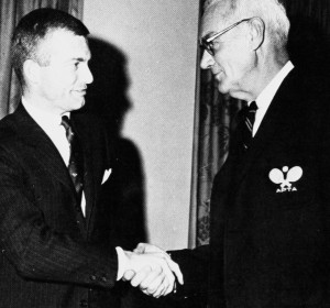 Don Evans accepting the Honor Award form Brook Kindred. Evans solved the problem of inconsistent bounces of the wires, an innovation that spurred the growth of the game.