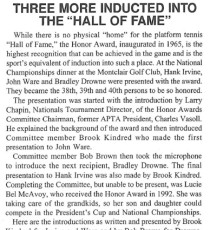 Platform Tennis News covered the induction ceremony (summer 1995 issue)