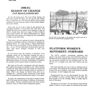 The 1990 Fall edition of Platform Tennis News covered the planned changes in the President’s Cup